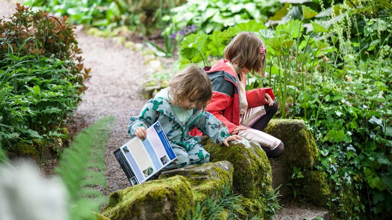 A family exploring the gardens in May at Rowallane Garden, County Down